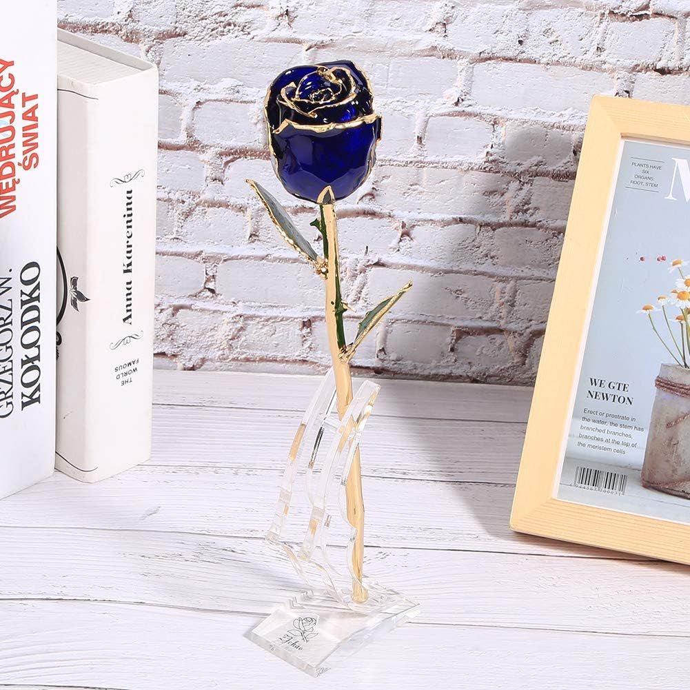 24K Budding Dark Blue Rose Christmas Gifts for Her, Dipped Gold Rose Love Real Golden Plated Preserved Eternal Flower for Wife, Mom, Grandma, Birthday, Anniversary (Dark