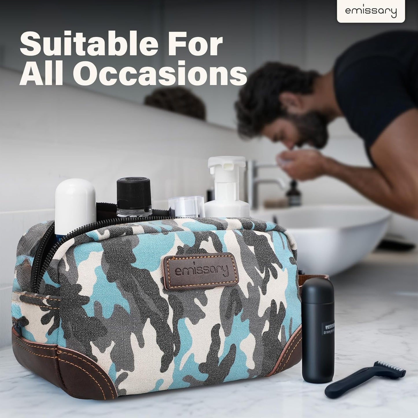 Men'S Toiletry Bag, Leather and Canvas Travel Toiletry Bag, Dopp Kit for Men,Bathroom Bag Men'S Shaving Kit, Travel Kit Small Bags for Men, Shaving Bag for Travel (Camo-Blue)