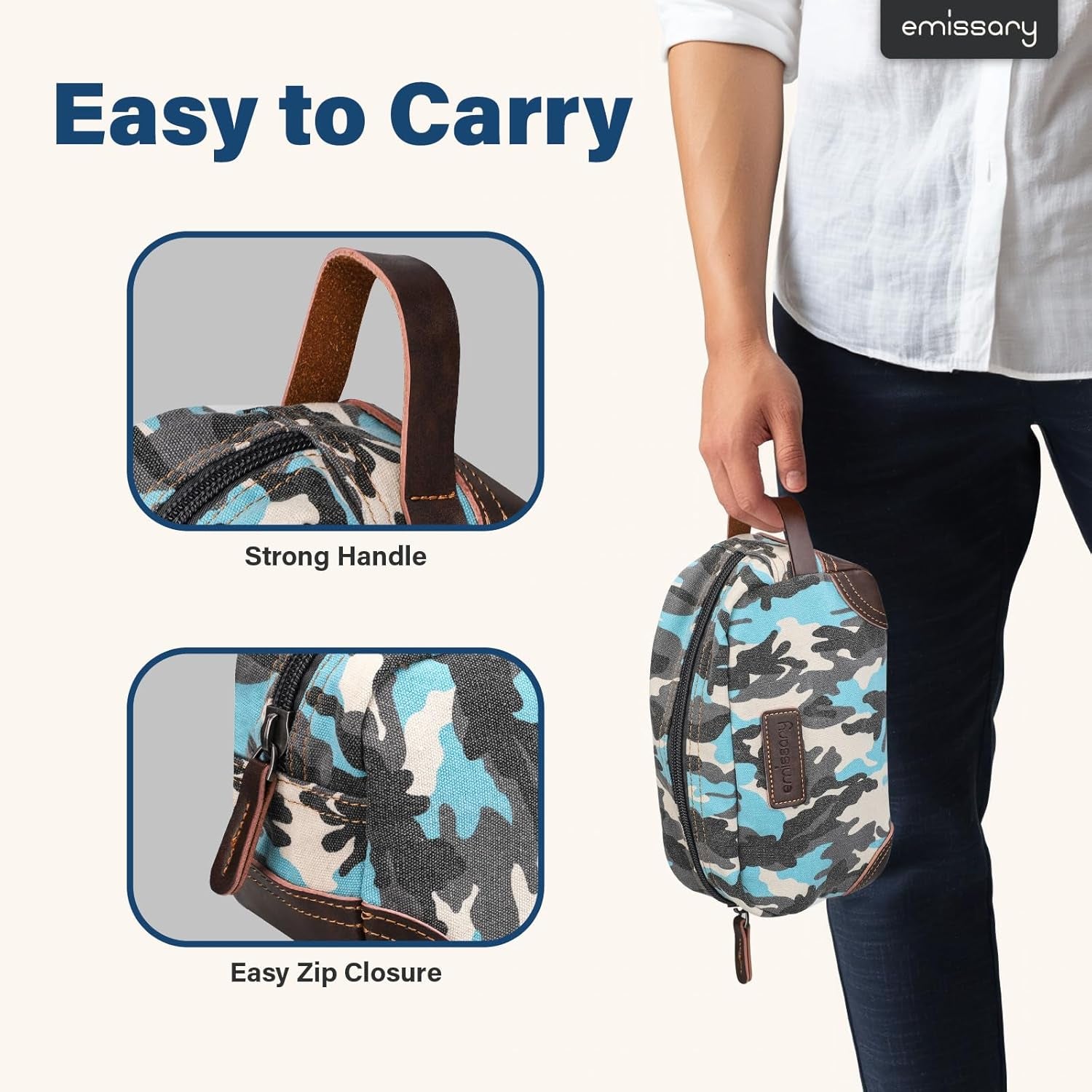 Men'S Toiletry Bag, Leather and Canvas Travel Toiletry Bag, Dopp Kit for Men,Bathroom Bag Men'S Shaving Kit, Travel Kit Small Bags for Men, Shaving Bag for Travel (Camo-Blue)