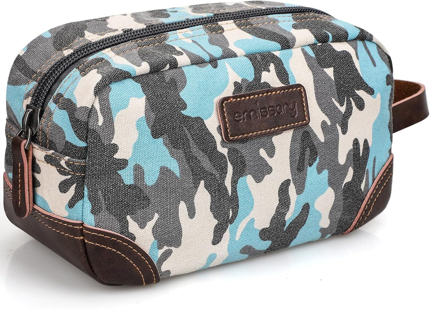 Men'S Toiletry Bag, Leather and Canvas Travel Toiletry Bag, Dopp Kit for Men,Bathroom Bag Men'S Shaving Kit, Travel Kit Small Bags for Men, Shaving Bag for Travel (Camo-Blue)