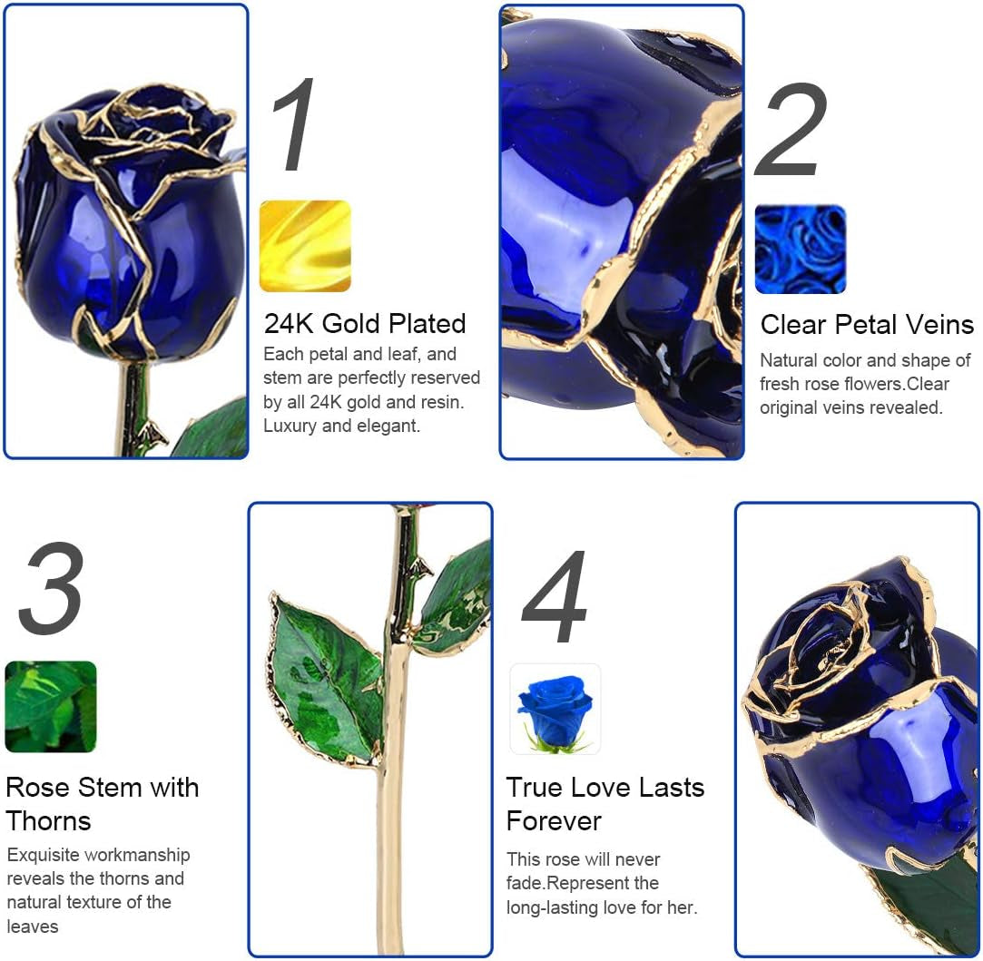24K Budding Dark Blue Rose Christmas Gifts for Her, Dipped Gold Rose Love Real Golden Plated Preserved Eternal Flower for Wife, Mom, Grandma, Birthday, Anniversary (Dark