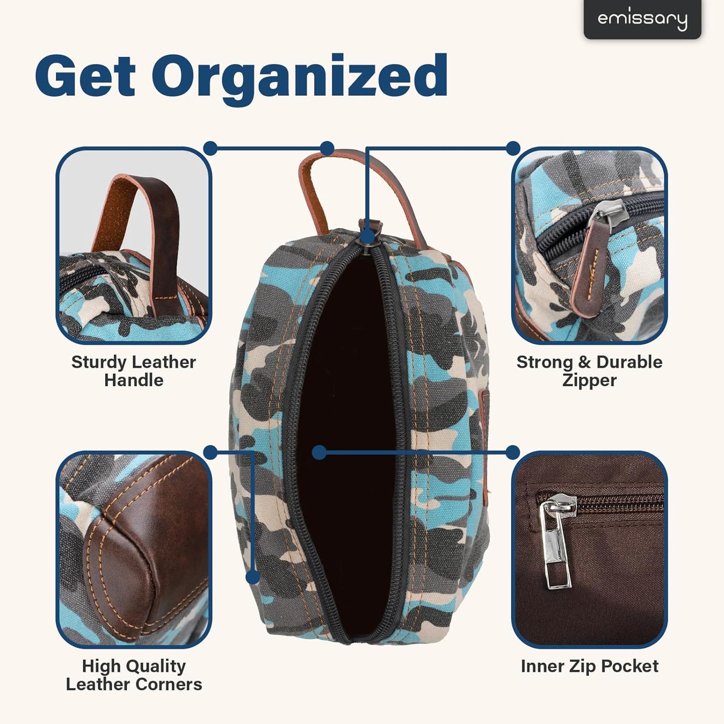 Men'S Toiletry Bag, Leather and Canvas Travel Toiletry Bag, Dopp Kit for Men,Bathroom Bag Men'S Shaving Kit, Travel Kit Small Bags for Men, Shaving Bag for Travel (Camo-Blue)