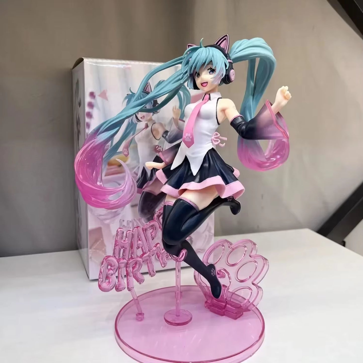 NEW 23Cm Kawaii Vocaloid Hatsune Miku Artist Happy Birthday Cat Ears Headdress PVC Anime Figure Action Figures Model Toys