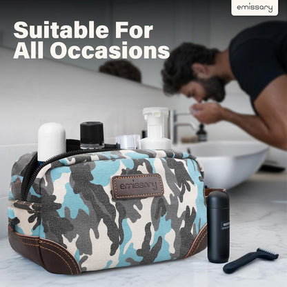 Men'S Toiletry Bag, Leather and Canvas Travel Toiletry Bag, Dopp Kit for Men,Bathroom Bag Men'S Shaving Kit, Travel Kit Small Bags for Men, Shaving Bag for Travel (Camo-Blue)