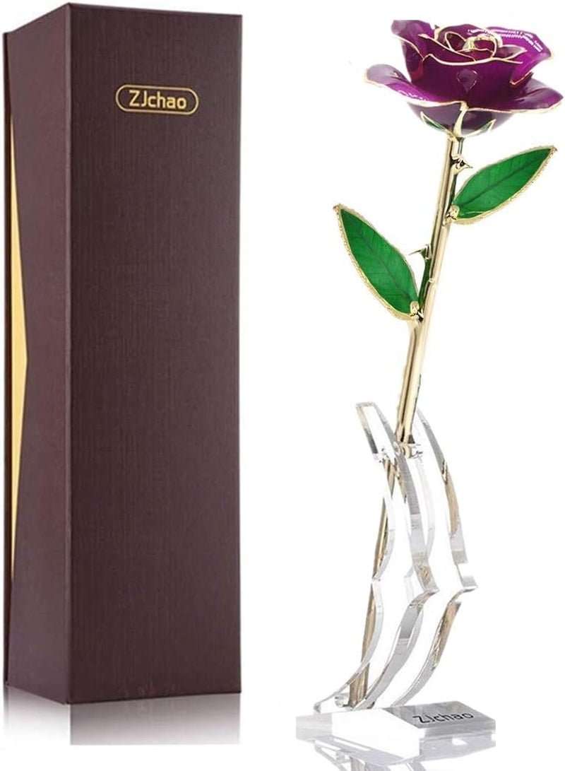 24K Purple Rose for Her, Dipped Gold Rose Love Real Golden Plated Preserved Eternal Flower with Rose Stand Present for Wife/Girlfriend/Lady (Purple) - soblessed95.store