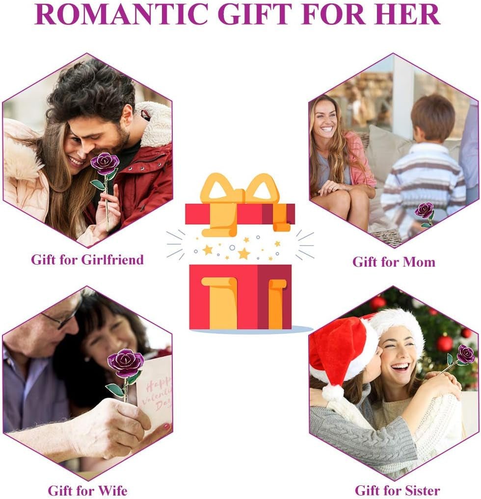 24K Purple Rose for Her, Dipped Gold Rose Love Real Golden Plated Preserved Eternal Flower with Rose Stand Present for Wife/Girlfriend/Lady (Purple) - soblessed95.store