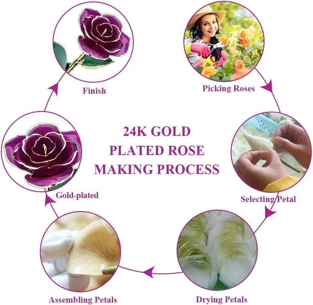 24K Purple Rose for Her, Dipped Gold Rose Love Real Golden Plated Preserved Eternal Flower with Rose Stand Present for Wife/Girlfriend/Lady (Purple) - soblessed95.store