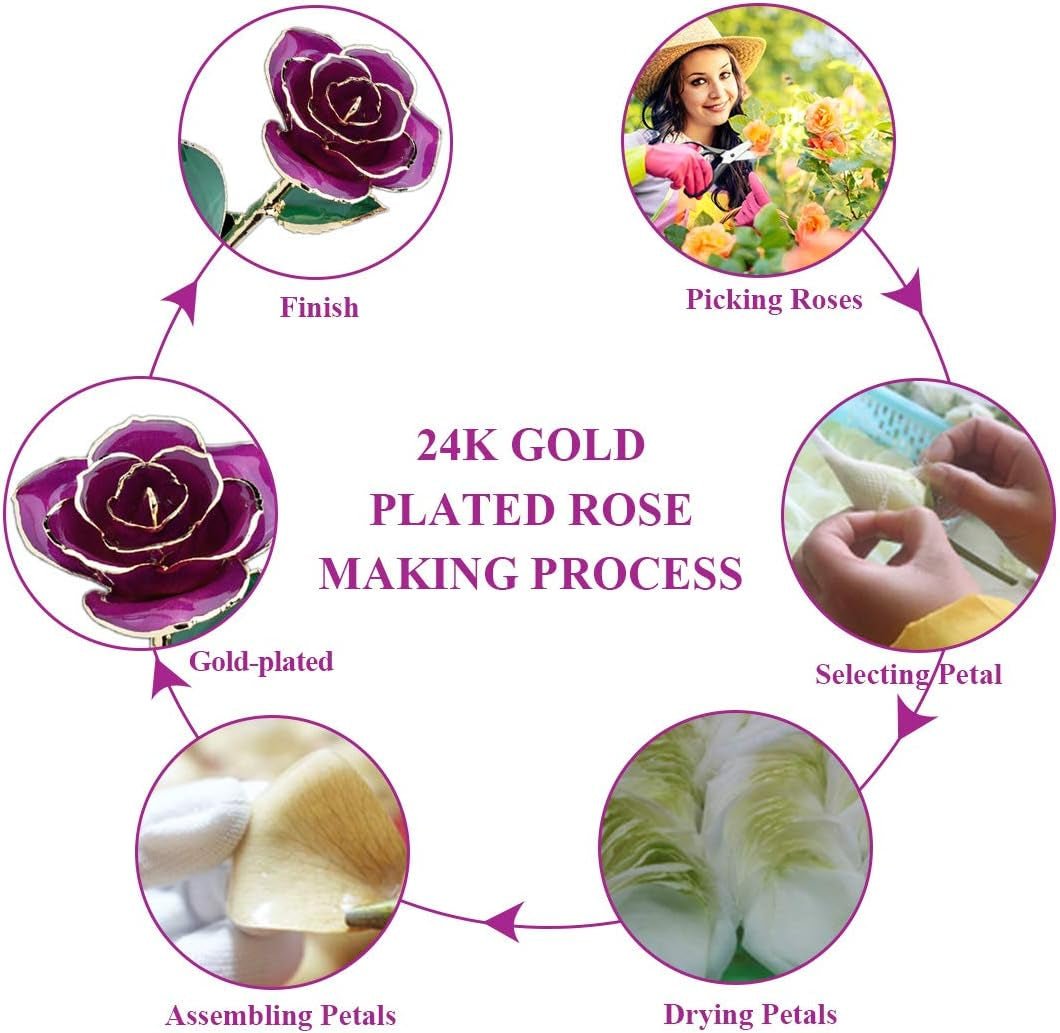 24K Purple Rose for Her, Dipped Gold Rose Love Real Golden Plated Preserved Eternal Flower with Rose Stand Present for Wife/Girlfriend/Lady (Purple) - soblessed95.store