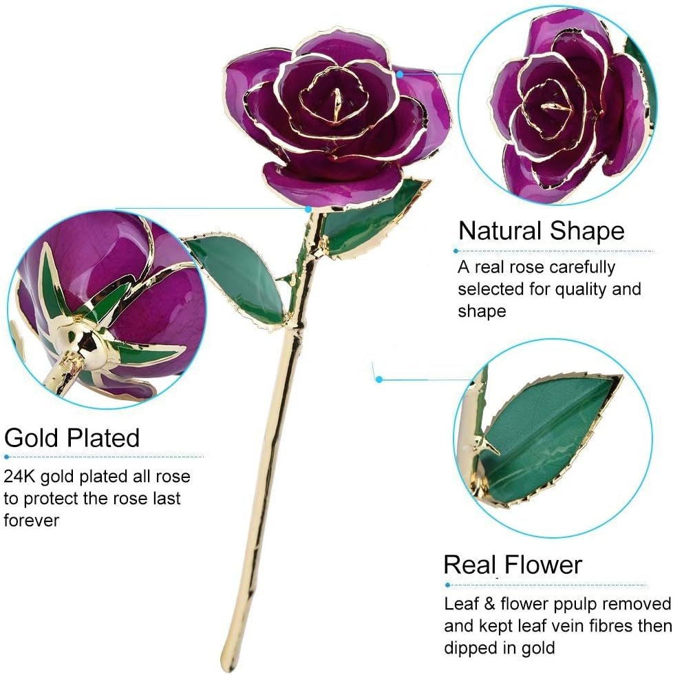 24K Purple Rose for Her, Dipped Gold Rose Love Real Golden Plated Preserved Eternal Flower with Rose Stand Present for Wife/Girlfriend/Lady (Purple) - soblessed95.store