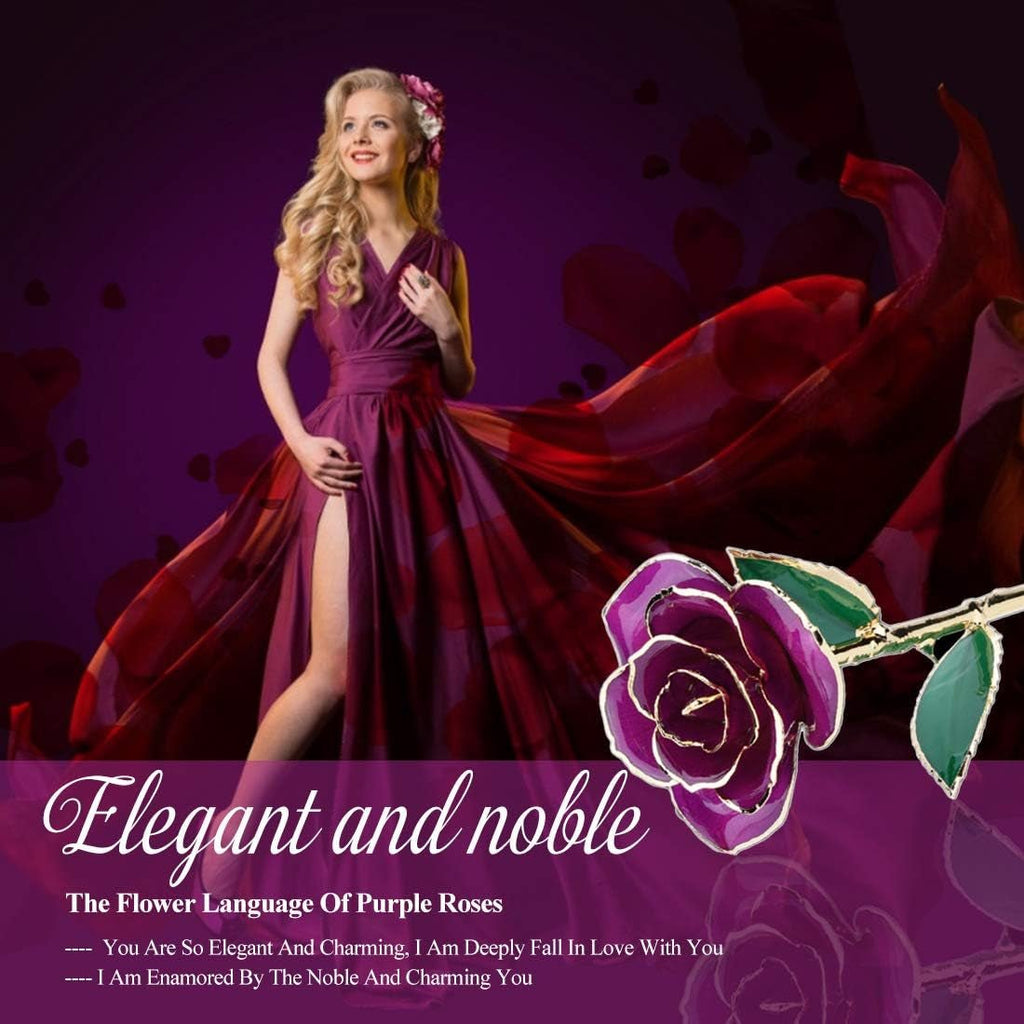 24K Purple Rose for Her, Dipped Gold Rose Love Real Golden Plated Preserved Eternal Flower with Rose Stand Present for Wife/Girlfriend/Lady (Purple) - soblessed95.store