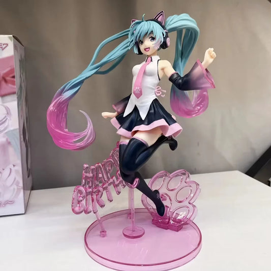 NEW 23Cm Kawaii Vocaloid Hatsune Miku Artist Happy Birthday Cat Ears Headdress PVC Anime Figure Action Figures Model Toys