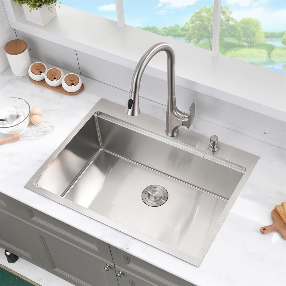 33 Inch Drop in Kitchen Sink Workstation - 33X22 Inch Topmount Single Bowl Workstation 16 Gauge Stainless Steel Drop - In Sinks,Round Corner Basin for Kitchen with Accessories - soblessed95.store