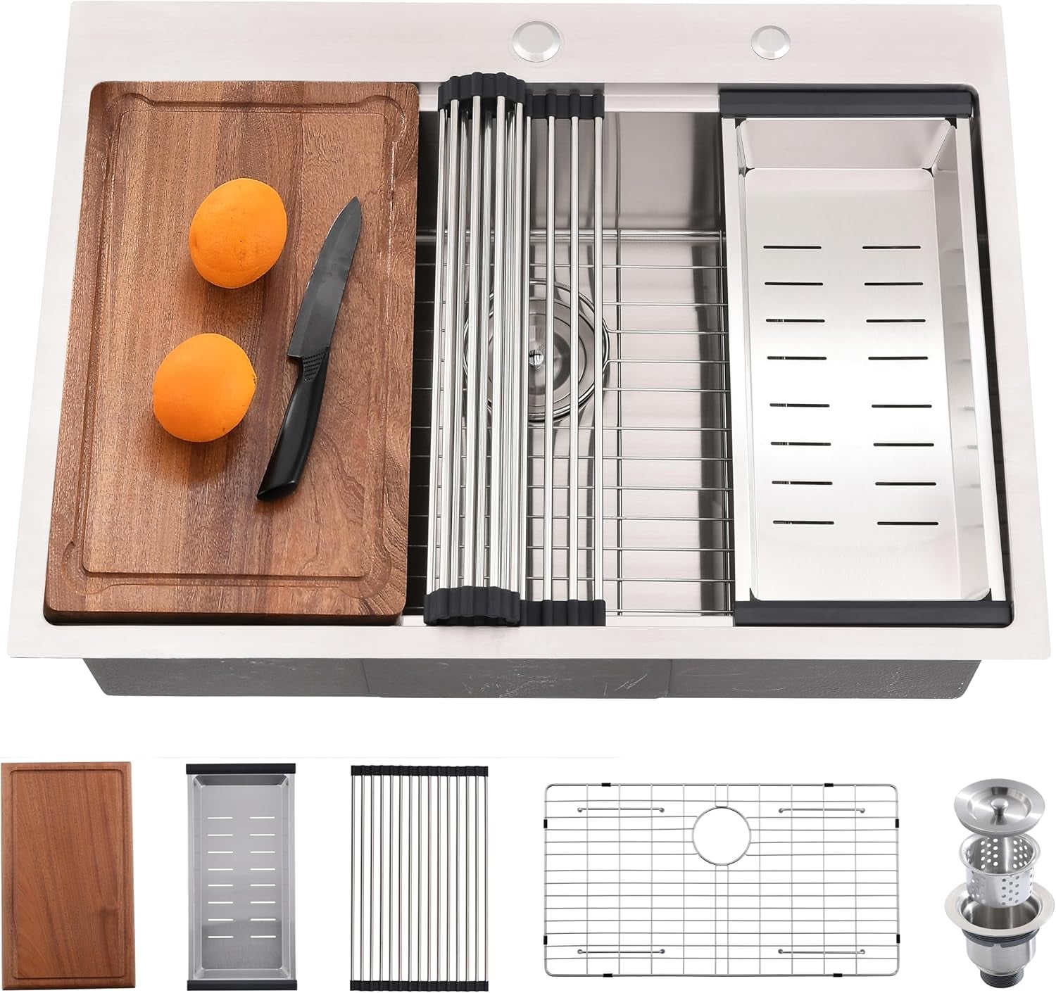 33 Inch Drop in Kitchen Sink Workstation - 33X22 Inch Topmount Single Bowl Workstation 16 Gauge Stainless Steel Drop - In Sinks,Round Corner Basin for Kitchen with Accessories - soblessed95.store