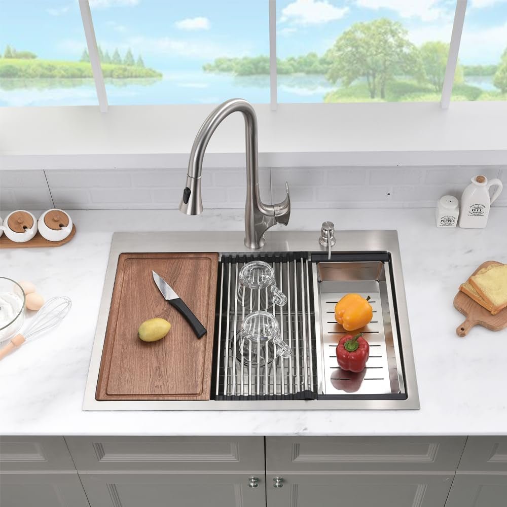 33 Inch Drop in Kitchen Sink Workstation - 33X22 Inch Topmount Single Bowl Workstation 16 Gauge Stainless Steel Drop - In Sinks,Round Corner Basin for Kitchen with Accessories - soblessed95.store