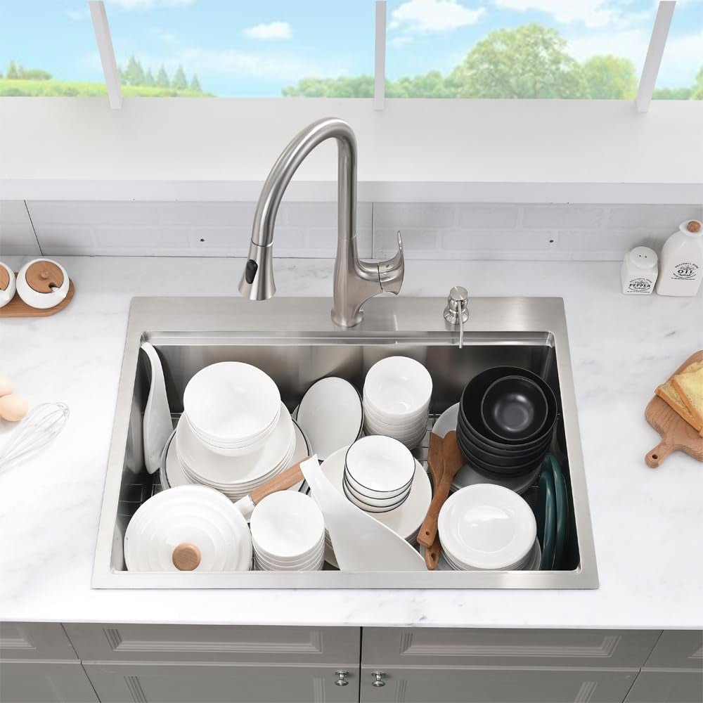 33 Inch Drop in Kitchen Sink Workstation - 33X22 Inch Topmount Single Bowl Workstation 16 Gauge Stainless Steel Drop - In Sinks,Round Corner Basin for Kitchen with Accessories - soblessed95.store