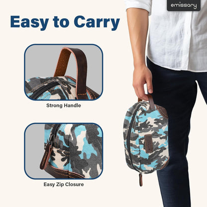 Men'S Toiletry Bag, Leather and Canvas Travel Toiletry Bag, Dopp Kit for Men,Bathroom Bag Men'S Shaving Kit, Travel Kit Small Bags for Men, Shaving Bag for Travel (Camo-Blue)