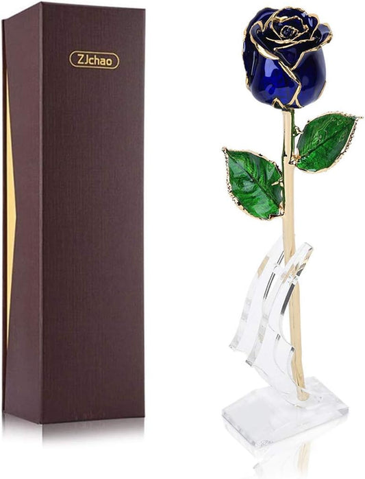24K Budding Dark Blue Rose Christmas Gifts for Her, Dipped Gold Rose Love Real Golden Plated Preserved Eternal Flower for Wife, Mom, Grandma, Birthday, Anniversary (Dark