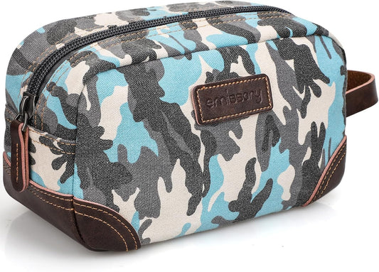 Men'S Toiletry Bag, Leather and Canvas Travel Toiletry Bag, Dopp Kit for Men,Bathroom Bag Men'S Shaving Kit, Travel Kit Small Bags for Men, Shaving Bag for Travel (Camo-Blue)