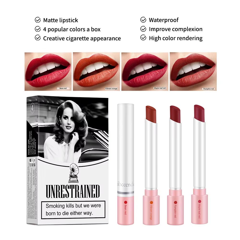 4Colors/Set Cigarette Lip Gloss Set Velvet Matte Waterproof Long - Lasting Lip Non - Stick Cup Cigarette Lipstick Makeup for Women - soblessed95.store