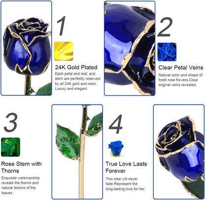 24K Budding Dark Blue Rose Christmas Gifts for Her, Dipped Gold Rose Love Real Golden Plated Preserved Eternal Flower for Wife, Mom, Grandma, Birthday, Anniversary (Dark