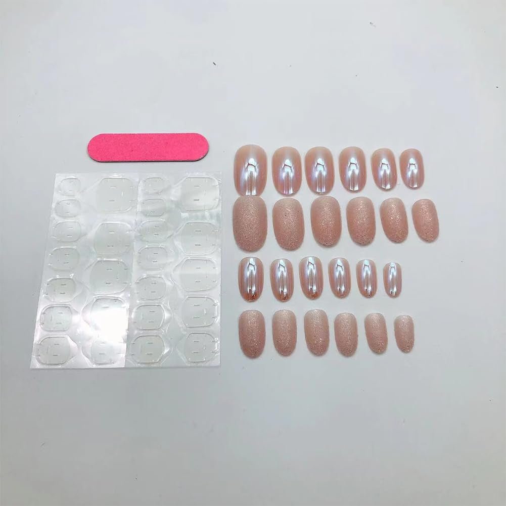 Almond Press on Nails Short round Fake Nails Chrome Glossy False Nails with Glitte Powder Press Ons Designs Acrylic Nails Press on Artificial Nails Stick on Nails for Women Girls 24Pcs - soblessed95.store