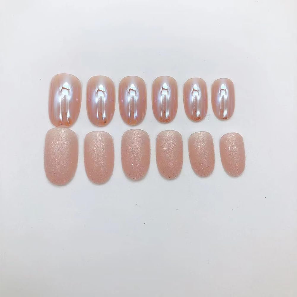 Almond Press on Nails Short round Fake Nails Chrome Glossy False Nails with Glitte Powder Press Ons Designs Acrylic Nails Press on Artificial Nails Stick on Nails for Women Girls 24Pcs - soblessed95.store