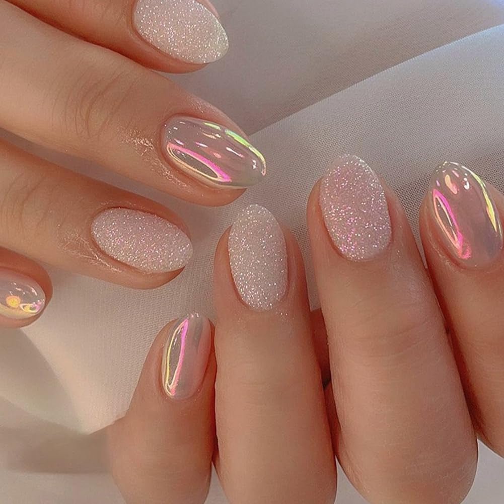 Almond Press on Nails Short round Fake Nails Chrome Glossy False Nails with Glitte Powder Press Ons Designs Acrylic Nails Press on Artificial Nails Stick on Nails for Women Girls 24Pcs - soblessed95.store