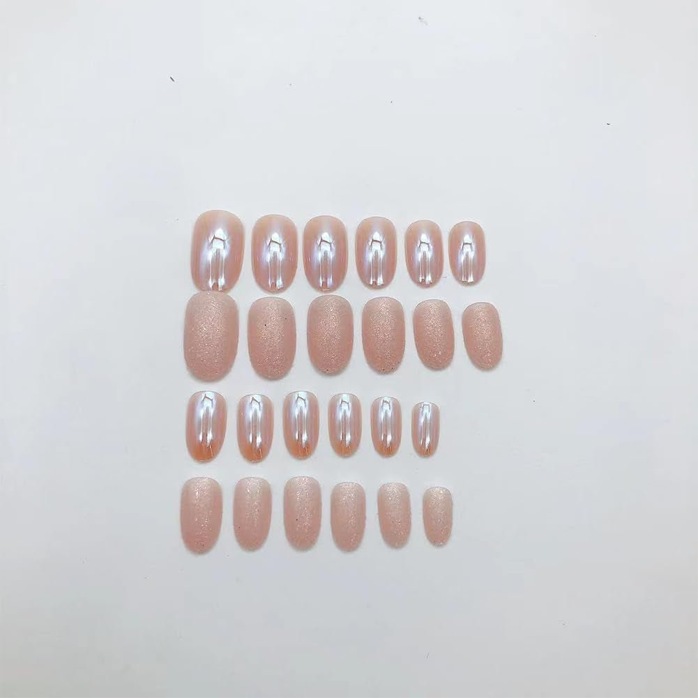 Almond Press on Nails Short round Fake Nails Chrome Glossy False Nails with Glitte Powder Press Ons Designs Acrylic Nails Press on Artificial Nails Stick on Nails for Women Girls 24Pcs - soblessed95.store