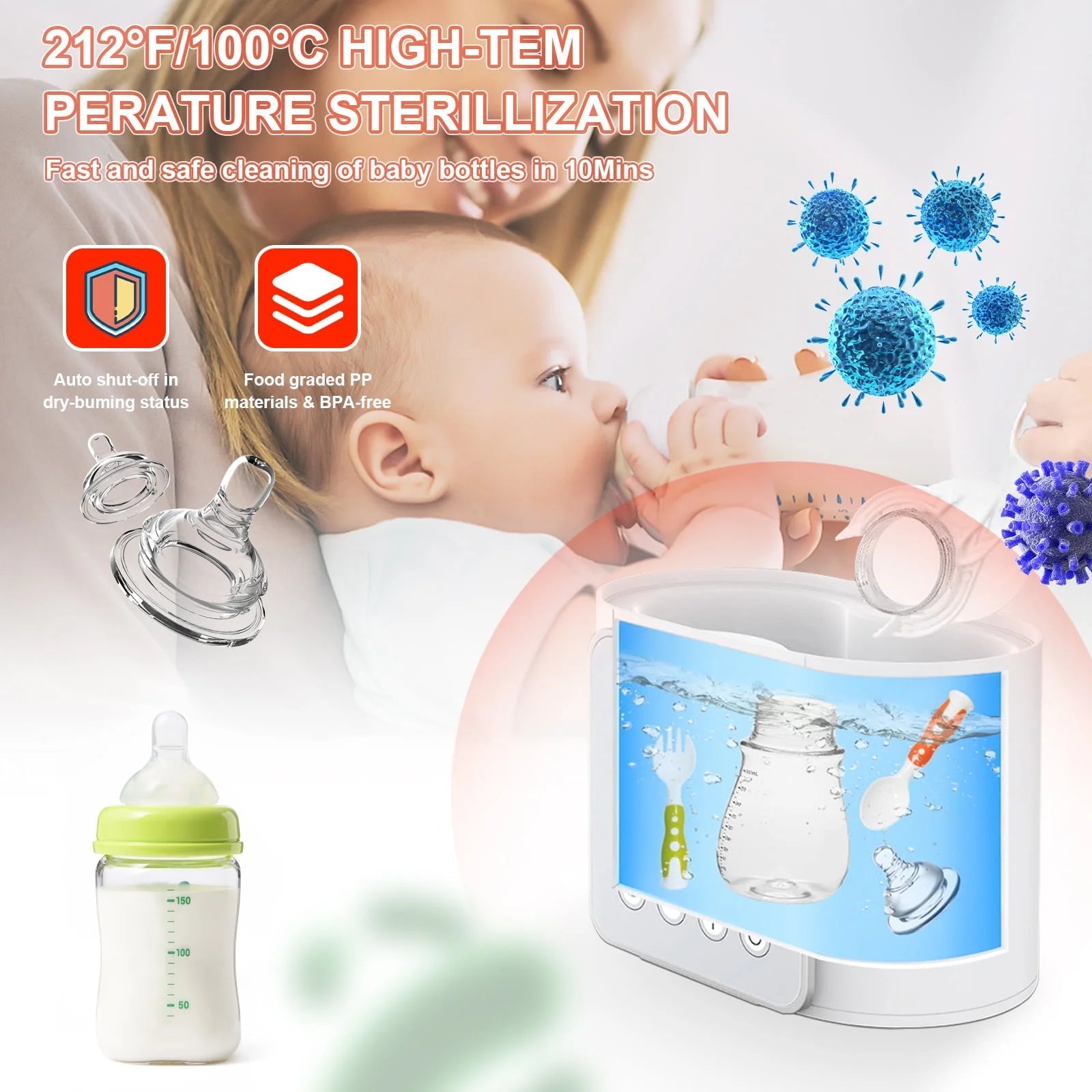Baby , 9 - In - 1 Portable with LCD Display, Double Bottles Fast Milk Warmer, White - soblessed95.store