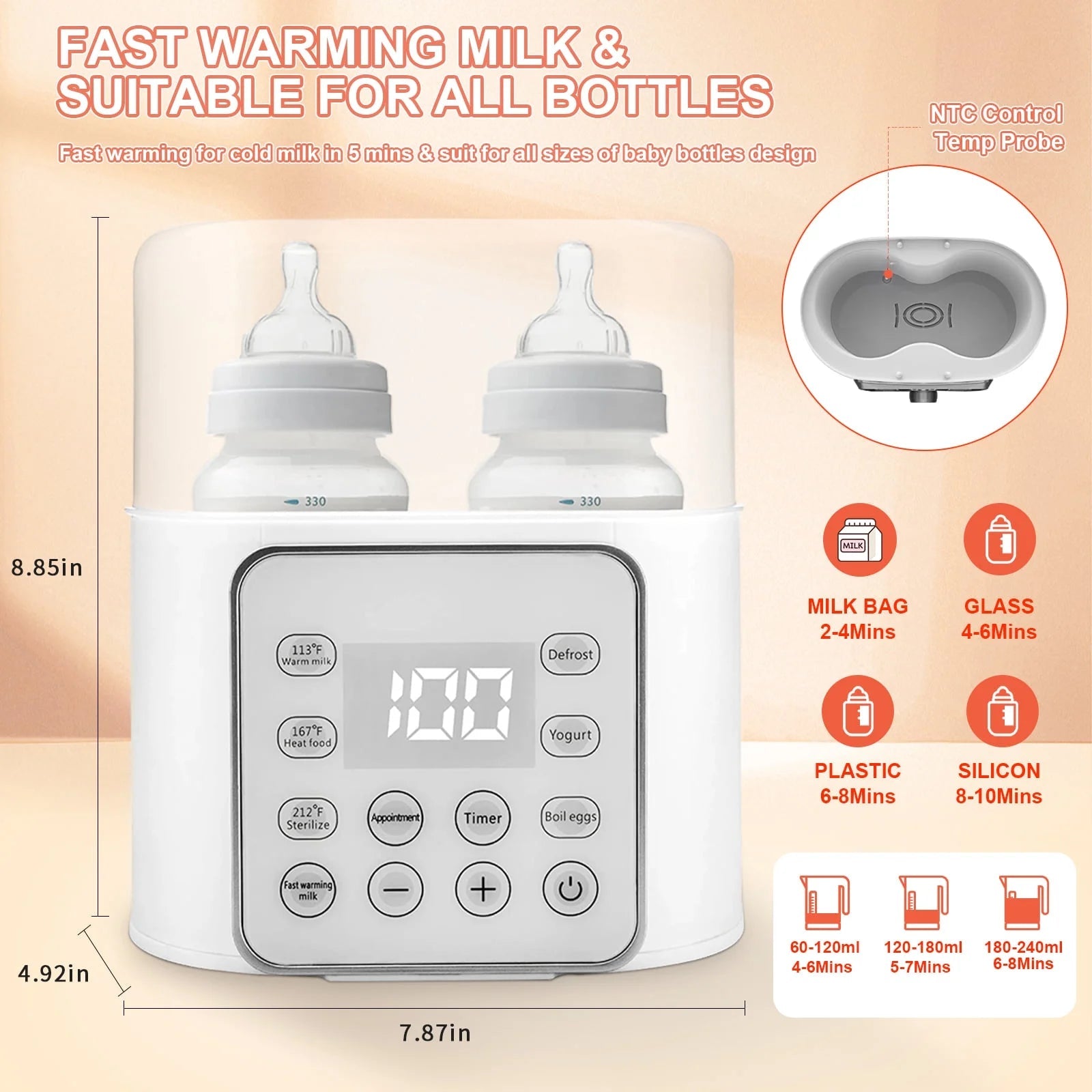 Baby , 9 - In - 1 Portable with LCD Display, Double Bottles Fast Milk Warmer, White - soblessed95.store