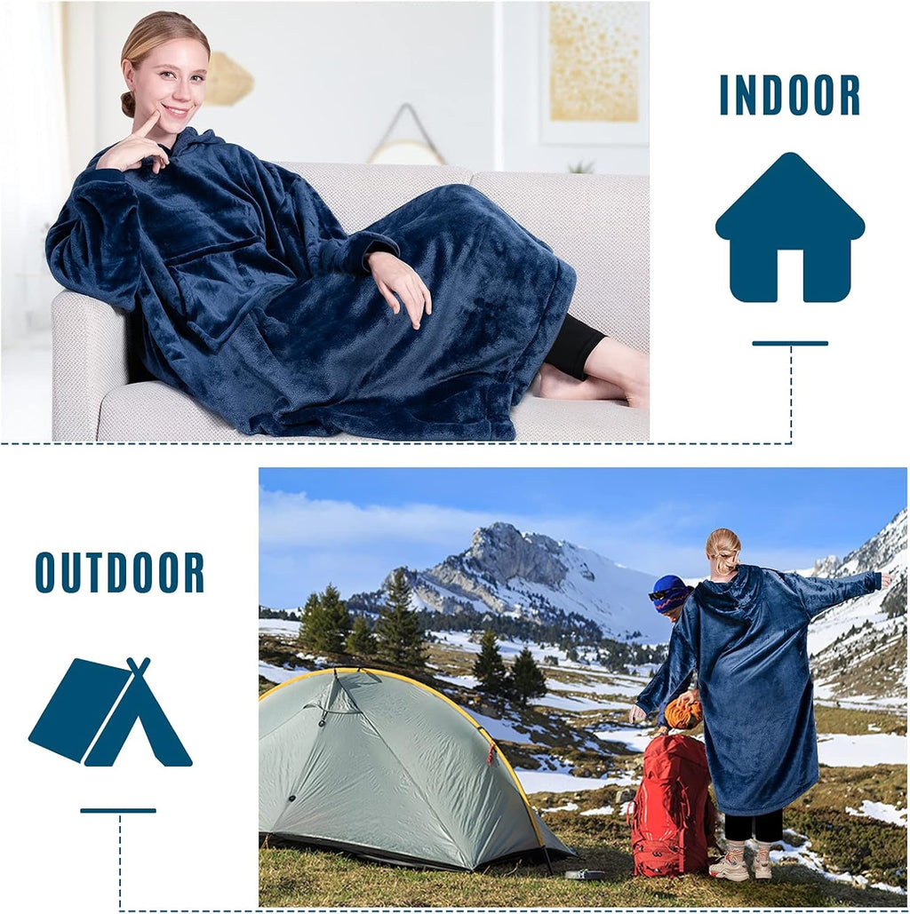 Blanket Hoodie Warm Wearable Blanket Soft Velour Blanket Sweatshirt Oversized Fits All for Teenager Adult Blue - soblessed95.store