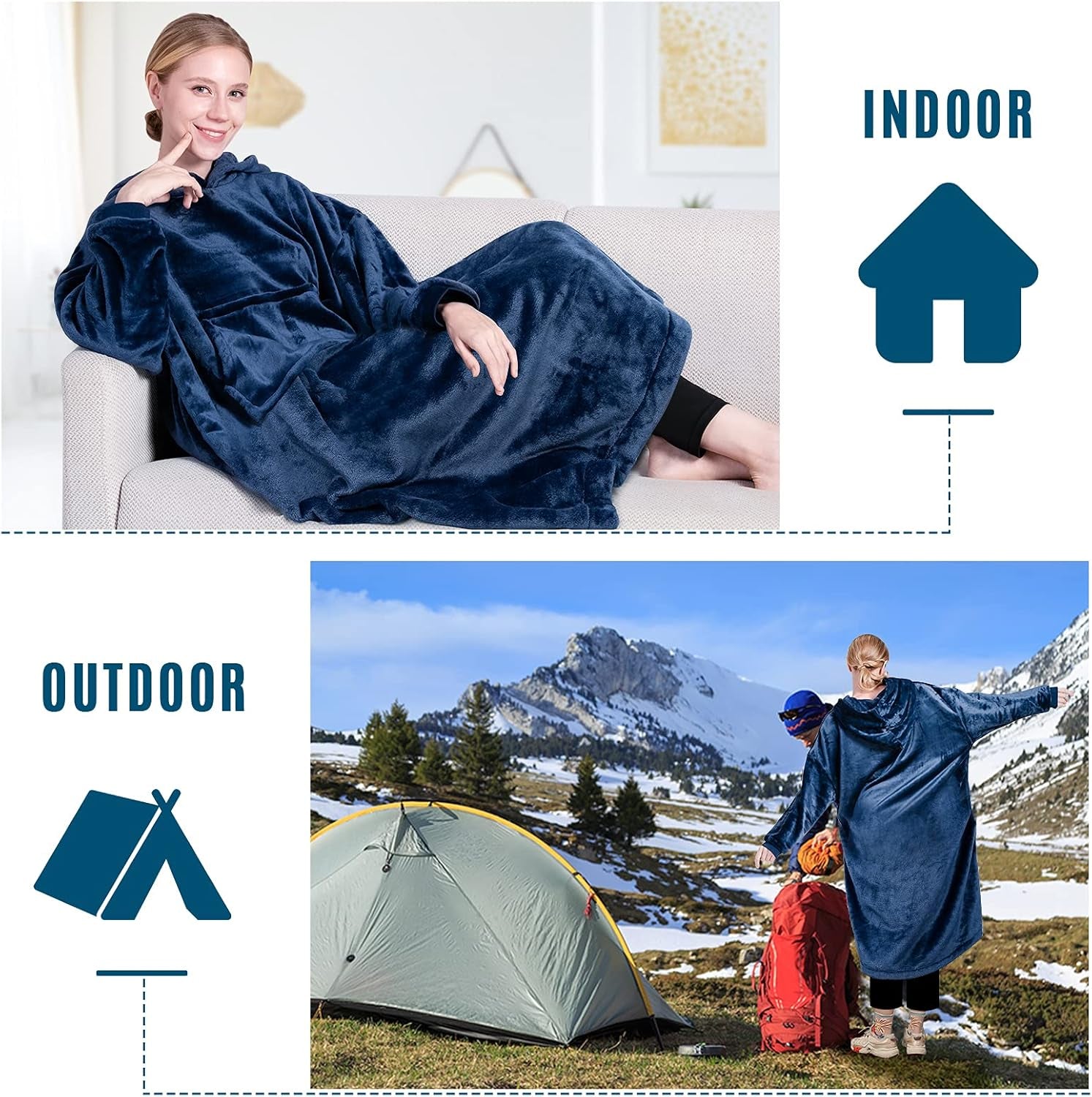 Blanket Hoodie Warm Wearable Blanket Soft Velour Blanket Sweatshirt Oversized Fits All for Teenager Adult Blue - soblessed95.store