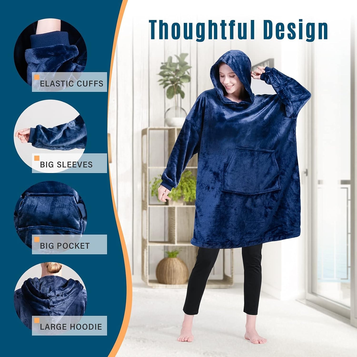 Blanket Hoodie Warm Wearable Blanket Soft Velour Blanket Sweatshirt Oversized Fits All for Teenager Adult Blue - soblessed95.store
