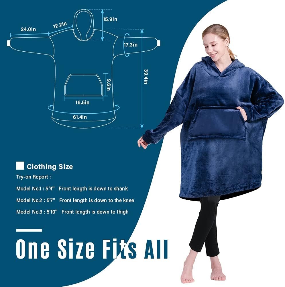 Blanket Hoodie Warm Wearable Blanket Soft Velour Blanket Sweatshirt Oversized Fits All for Teenager Adult Blue - soblessed95.store