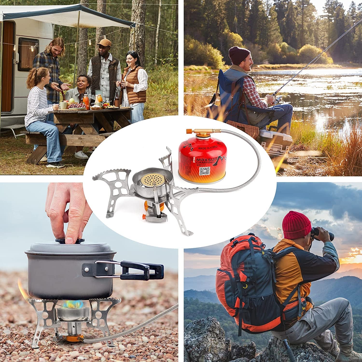 Camping Stove with Fuel Canister Adapter Portable Collapsible Gas Stove with Piezo Ignition - 3900W - Lightweight - Windproof - Butane Adapter Camping and Backpacking Mini Stove Kit for Hiking - soblessed95.store