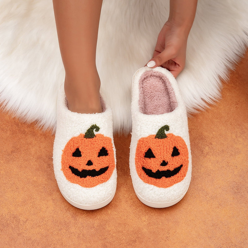 Cute Halloween Slippers for Women Perfect Soft Plush Comfy Warm Slip - On Halloween Pumpkin Slippers Fo Women Indoor Fluffy House Slippers for Women and Men Non - Slip Fuzzy Flat Slides - soblessed95.store