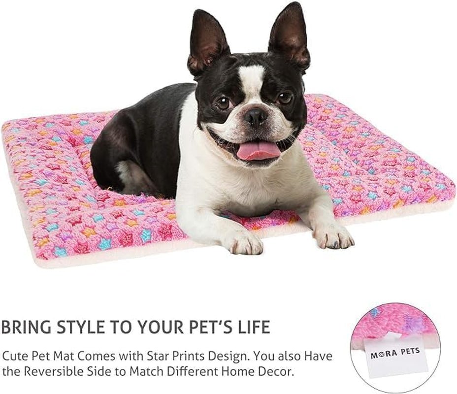 Dog Bed Crate Pad Ultra Soft Pet Bed with Cute Star Print Washable Crate Mat for Large Medium Small Dogs Reversible Fleece Dog Crate Kennel Mat Cat Bed Liner 29 X 21 Inch Pink - soblessed95.store