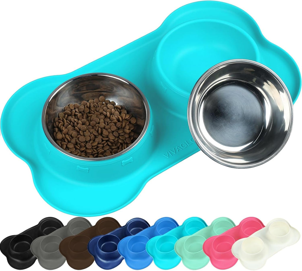 Dog Bowls, Dog Food Bowls, Stainless Steel Cat Puppy Water Bowls with Non Spill Skid Resistant Silicone Mat, Small, Turquoise - soblessed95.store