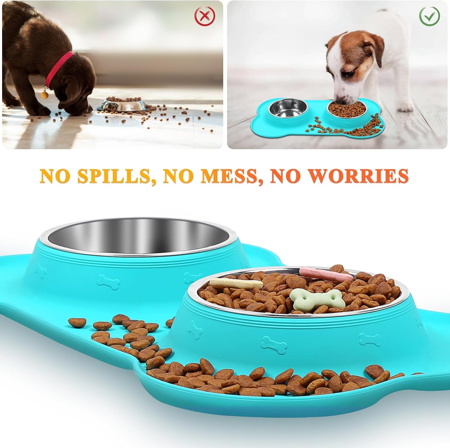 Dog Bowls, Dog Food Bowls, Stainless Steel Cat Puppy Water Bowls with Non Spill Skid Resistant Silicone Mat, Small, Turquoise - soblessed95.store