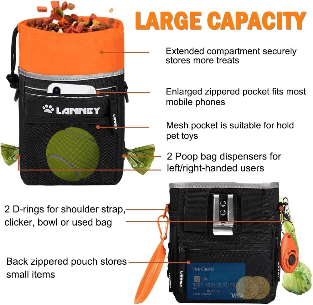 Dog Treat Pouch Pet Training Bag for Small to Large Dogs, Treat Tote Carry Kibble Snacks Toys for Training Reward Walking, Metal Clip, Waist Belt, Shoulder Strap, Poop Bag Dispenser, Black with Orange - soblessed95.store