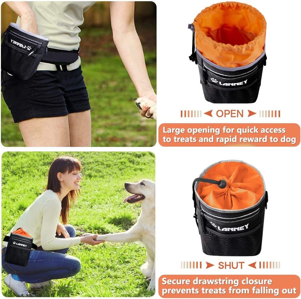 Dog Treat Pouch Pet Training Bag for Small to Large Dogs, Treat Tote Carry Kibble Snacks Toys for Training Reward Walking, Metal Clip, Waist Belt, Shoulder Strap, Poop Bag Dispenser, Black with Orange - soblessed95.store