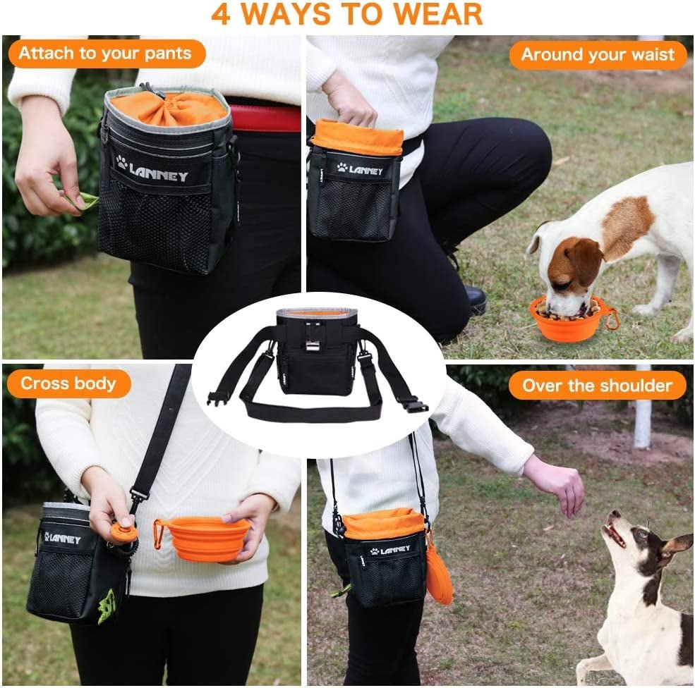 Dog Treat Pouch Pet Training Bag for Small to Large Dogs, Treat Tote Carry Kibble Snacks Toys for Training Reward Walking, Metal Clip, Waist Belt, Shoulder Strap, Poop Bag Dispenser, Black with Orange - soblessed95.store