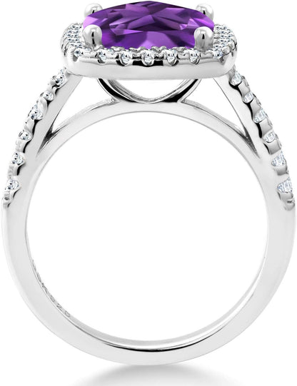 2-3 Cttw Gemstone Birthstone and White Moissanite Halo Solitaire Engagement Ring for Women | 925 Sterling Silver | Cushion Cut 8MM | Wedding Anniversary Promise | Size 5-9