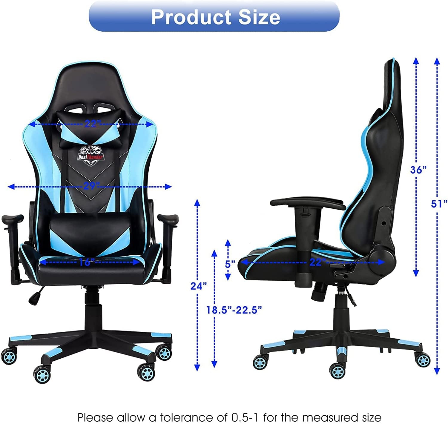 Ergonomic Video Gaming Chair 400 Lb Weight Capacity, Office Computer Chair with Headrest Lumbar Support, Reclining Racing Chair, Game Chair with Adjustable Armrest, Blue - soblessed95.store
