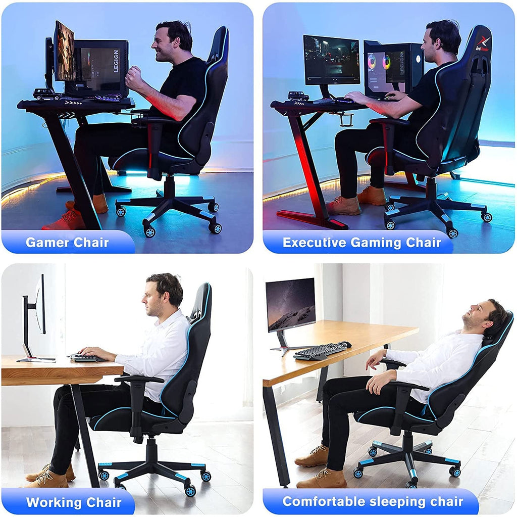 Ergonomic Video Gaming Chair 400 Lb Weight Capacity, Office Computer Chair with Headrest Lumbar Support, Reclining Racing Chair, Game Chair with Adjustable Armrest, Blue - soblessed95.store