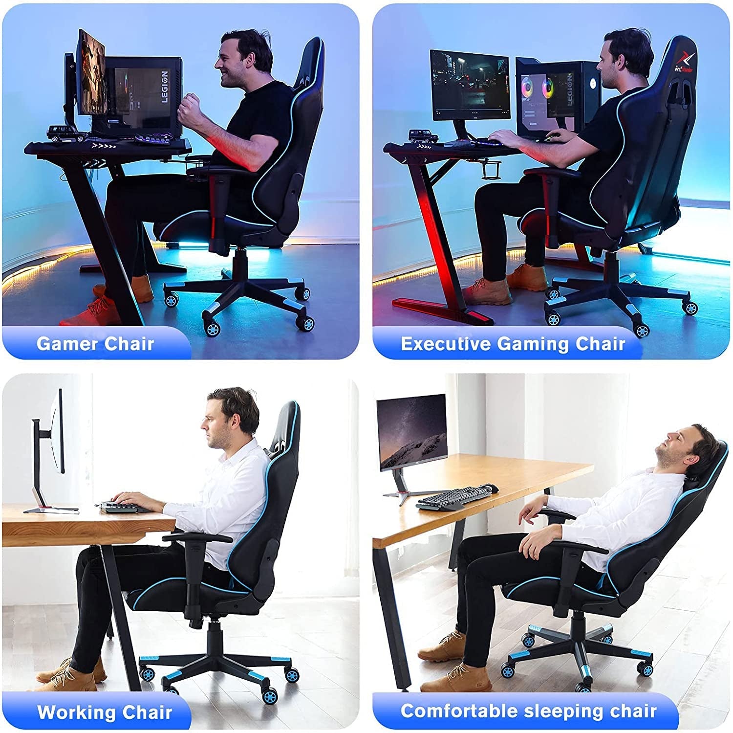 Ergonomic Video Gaming Chair 400 Lb Weight Capacity, Office Computer Chair with Headrest Lumbar Support, Reclining Racing Chair, Game Chair with Adjustable Armrest, Blue - soblessed95.store