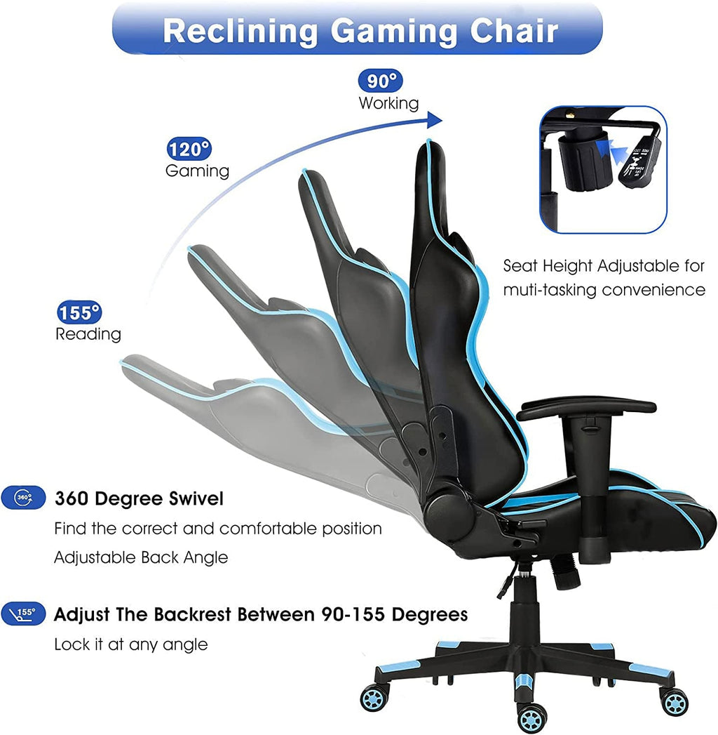 Ergonomic Video Gaming Chair 400 Lb Weight Capacity, Office Computer Chair with Headrest Lumbar Support, Reclining Racing Chair, Game Chair with Adjustable Armrest, Blue - soblessed95.store
