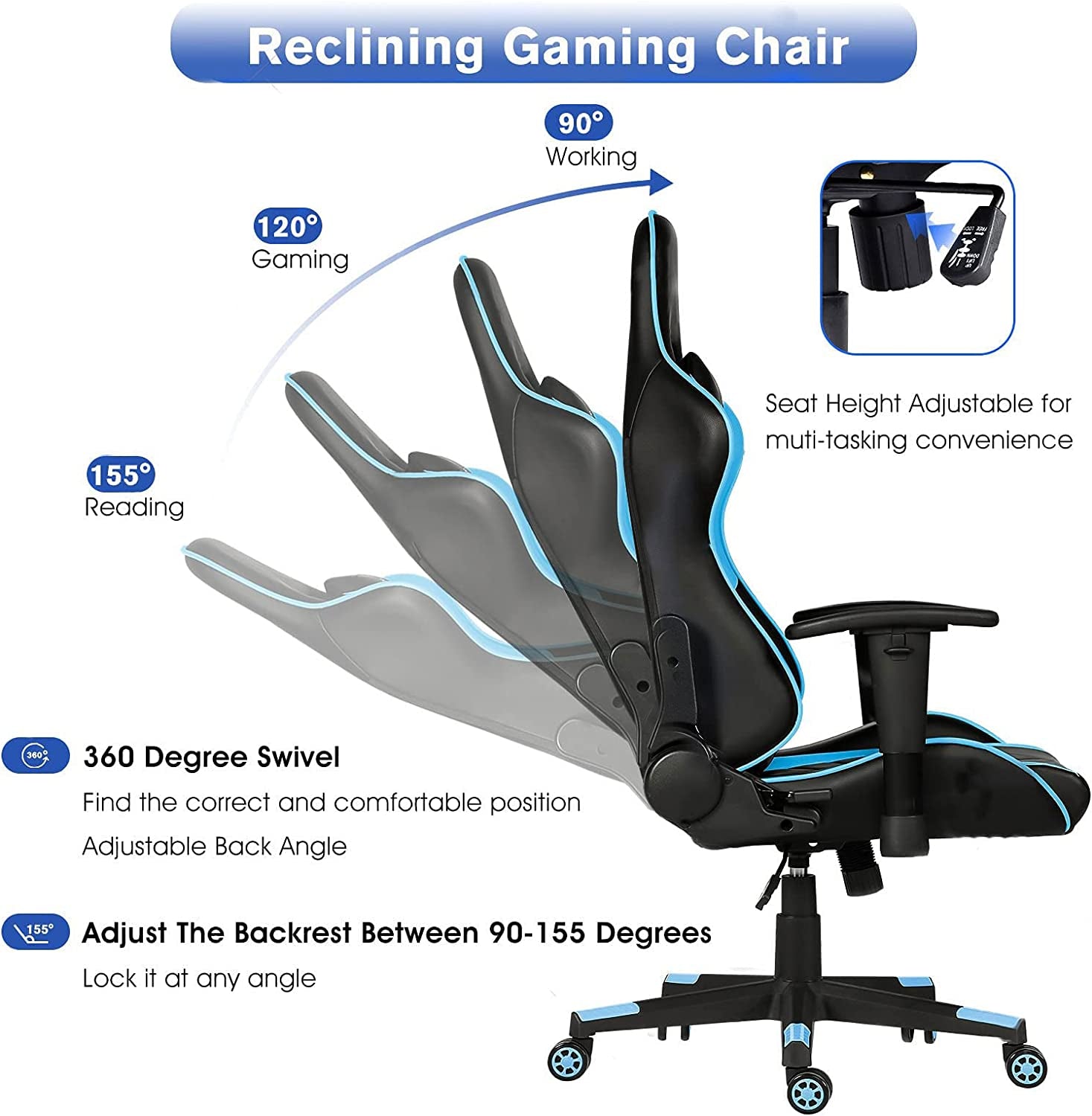 Ergonomic Video Gaming Chair 400 Lb Weight Capacity, Office Computer Chair with Headrest Lumbar Support, Reclining Racing Chair, Game Chair with Adjustable Armrest, Blue - soblessed95.store