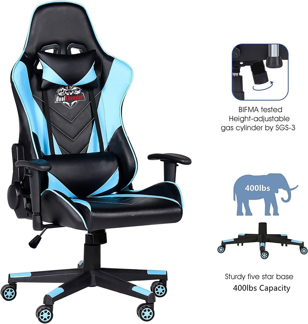 Ergonomic Video Gaming Chair 400 Lb Weight Capacity, Office Computer Chair with Headrest Lumbar Support, Reclining Racing Chair, Game Chair with Adjustable Armrest, Blue - soblessed95.store