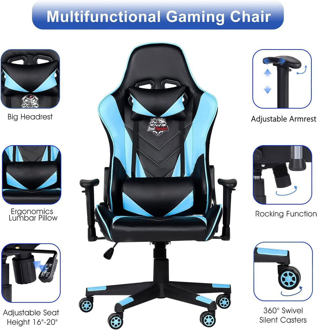 Ergonomic Video Gaming Chair 400 Lb Weight Capacity, Office Computer Chair with Headrest Lumbar Support, Reclining Racing Chair, Game Chair with Adjustable Armrest, Blue - soblessed95.store